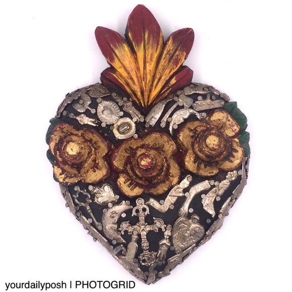 Hand Crafted Other - Mexican Sacred Heart carved Milagro charm wall art